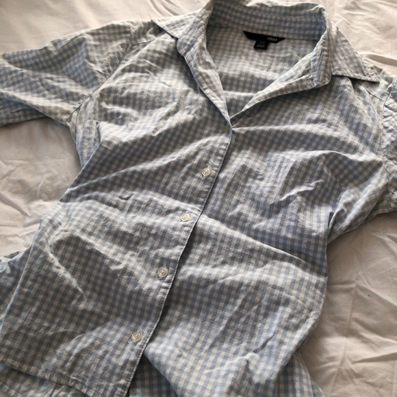 H&M US 8 Baby Blue and White Plaid Collared Buttoned Blouse 97% Cotton - Picture 12 of 12